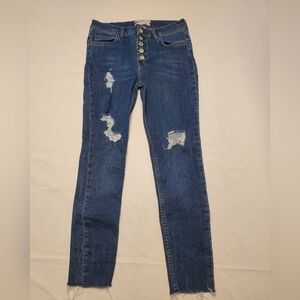 Free People Womens Distressed Raw Hem Cropped Jeans Dark Wash Button Fly Size 28